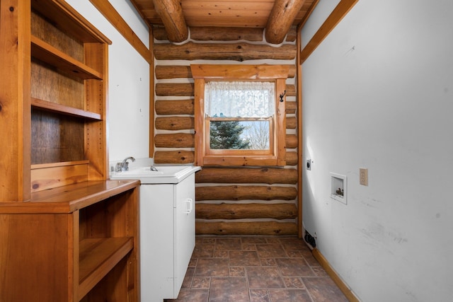 laundry area featuring sink, log walls, and wooden ceiling