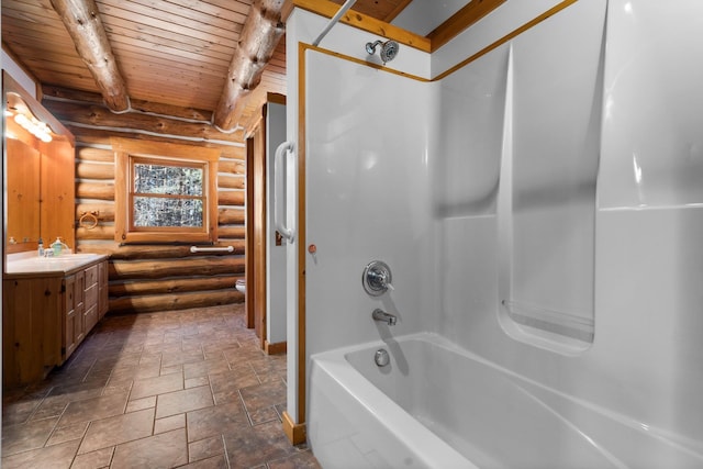 full bathroom featuring vanity, log walls, beam ceiling, wooden ceiling, and toilet