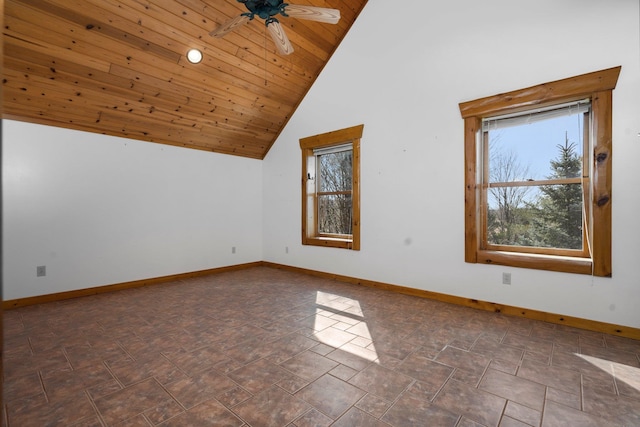 additional living space featuring ceiling fan, wood ceiling, and high vaulted ceiling