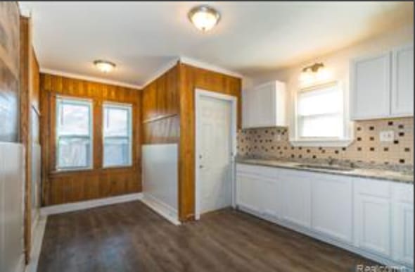 kitchen with decorative backsplash, a wealth of natural light, white cabinets, and dark wood-type flooring