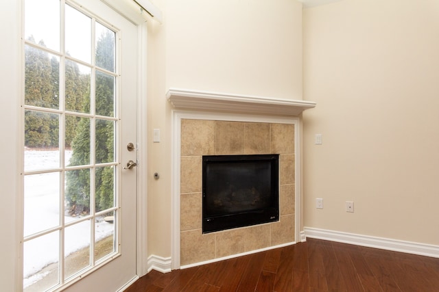 interior details with a fireplace and wood-type flooring