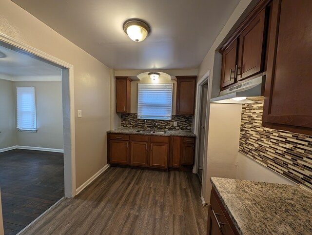 kitchen with light stone countertops, tasteful backsplash, dark hardwood / wood-style floors, and sink