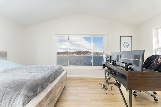 bedroom with lofted ceiling, multiple windows, and light hardwood / wood-style flooring