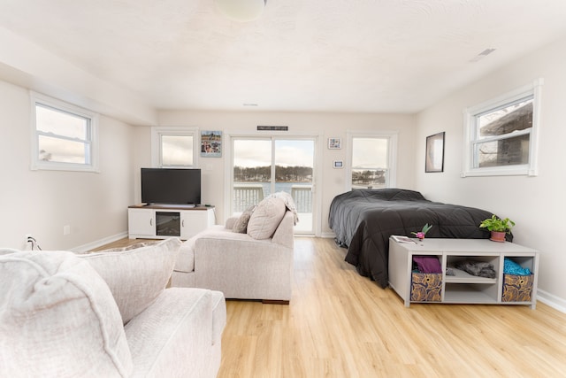 bedroom featuring access to exterior and light hardwood / wood-style flooring