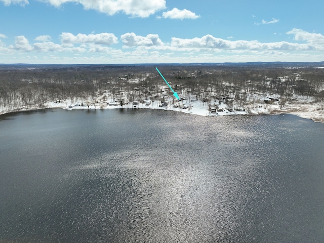 snowy aerial view featuring a water view