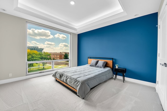 bedroom with a tray ceiling and carpet floors