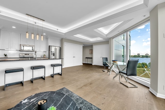 interior space featuring light hardwood / wood-style flooring, white cabinets, decorative light fixtures, and appliances with stainless steel finishes