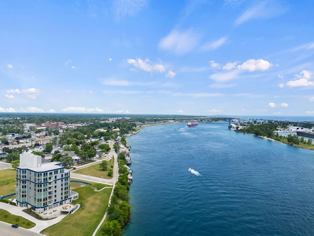 drone / aerial view featuring a water view