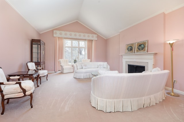 living room featuring carpet flooring, vaulted ceiling, and ornamental molding