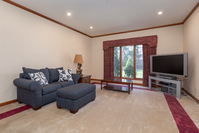 carpeted living room with crown molding