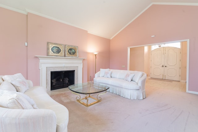 living room featuring light colored carpet, lofted ceiling, and ornamental molding