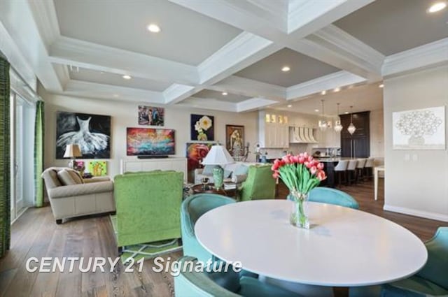 dining area featuring hardwood / wood-style floors, crown molding, coffered ceiling, and beam ceiling