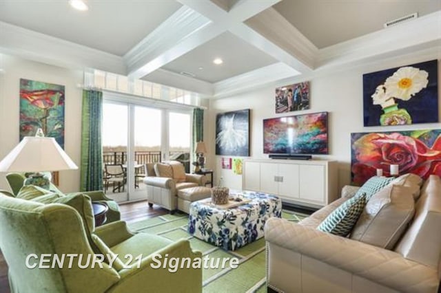 living room with beam ceiling, light hardwood / wood-style floors, coffered ceiling, and ornamental molding