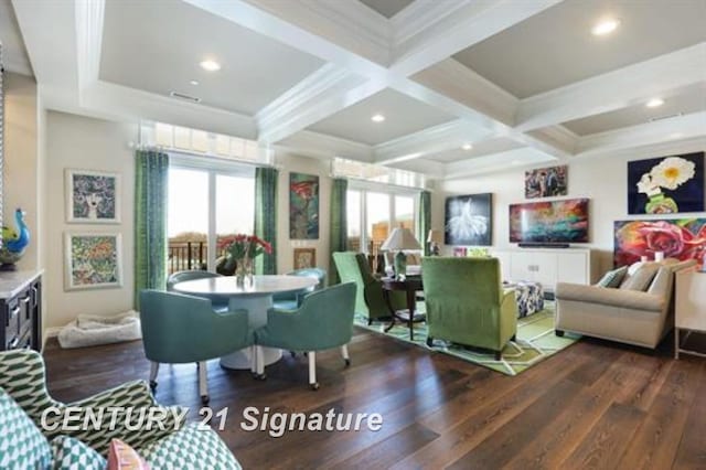 living room with beamed ceiling, dark hardwood / wood-style floors, crown molding, and coffered ceiling