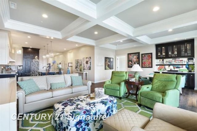 living room featuring coffered ceiling, crown molding, beam ceiling, indoor bar, and hardwood / wood-style flooring