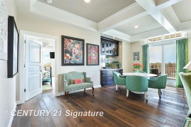 living area with beam ceiling, dark hardwood / wood-style flooring, bar, and coffered ceiling