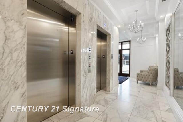 110 E Main St, Midland, MI 48640 - hallway with elevator, a chandelier, marble finish flooring, and recessed lighting