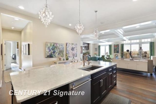 kitchen featuring dishwasher, sink, hanging light fixtures, coffered ceiling, and dark hardwood / wood-style floors