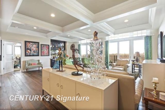 kitchen featuring a wealth of natural light, beamed ceiling, dark wood-type flooring, and coffered ceiling