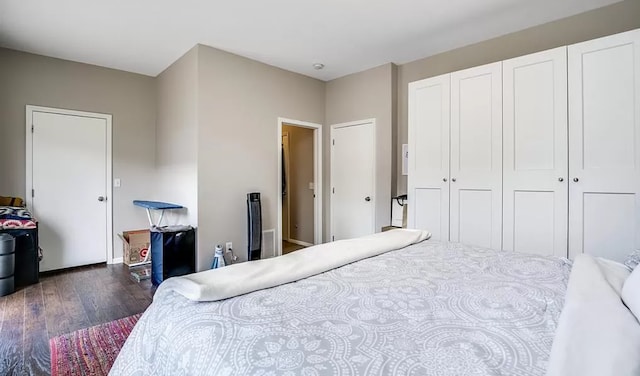 bedroom featuring dark wood finished floors and a closet