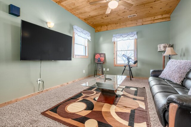 9363 S Grow Rd, Greenville, MI 48838 - carpeted living room featuring wooden ceiling, ceiling fan, and baseboards