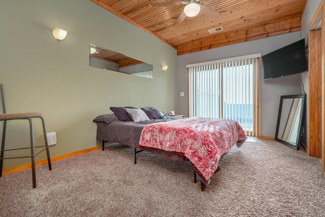 9363 S Grow Rd, Greenville, MI 48838 - carpeted bedroom featuring wooden ceiling, baseboards, access to outside, and ceiling fan