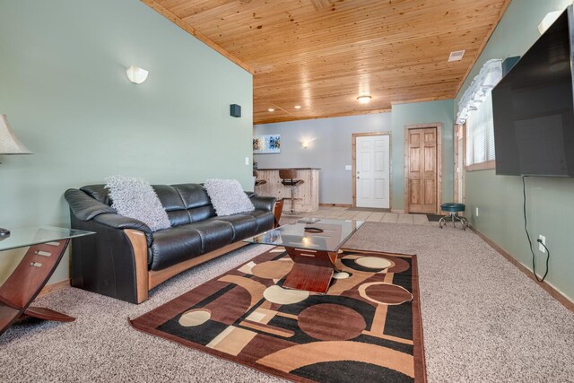 9363 S Grow Rd, Greenville, MI 48838 - living area featuring wood ceiling, carpet flooring, and baseboards