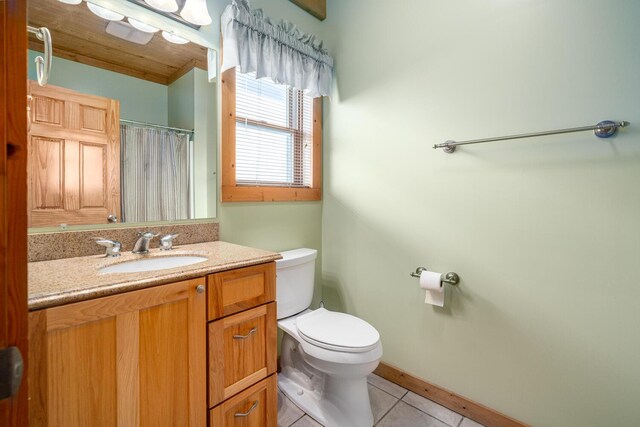 9363 S Grow Rd, Greenville, MI 48838 - bathroom featuring toilet, tile patterned flooring, vanity, a shower with curtain, and baseboards