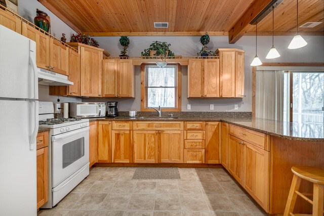 9363 S Grow Rd, Greenville, MI 48838 - kitchen with white appliances, under cabinet range hood, a sink, wood ceiling with exposed beams, and a peninsula