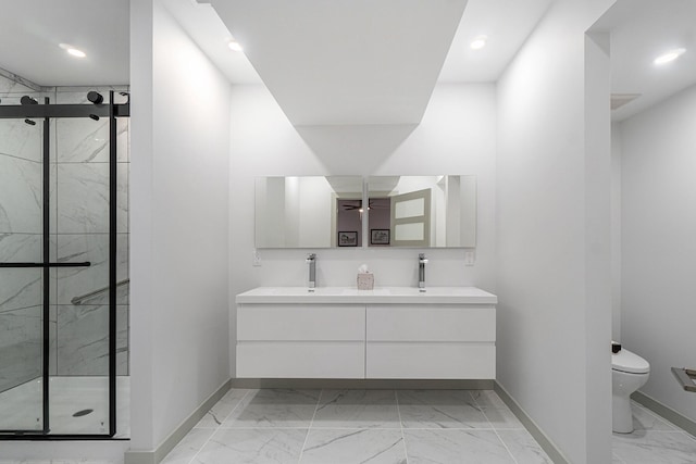 443 N Shore Dr, South Haven, MI 49090 - bathroom with baseboards, marble look tiles, toilet, double vanity, and recessed lighting