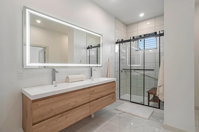 443 N Shore Dr, South Haven, MI 49090 - bathroom featuring a stall shower, double vanity, marble finish floors, and recessed lighting