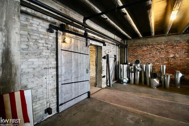 basement featuring brick wall