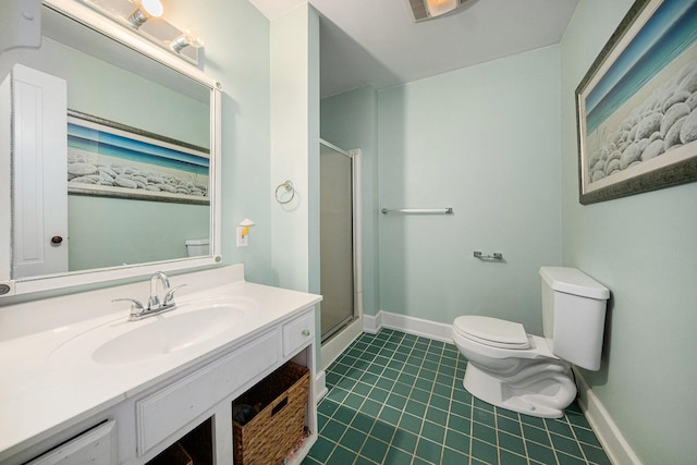 bathroom with toilet, tile patterned flooring, vanity, and walk in shower