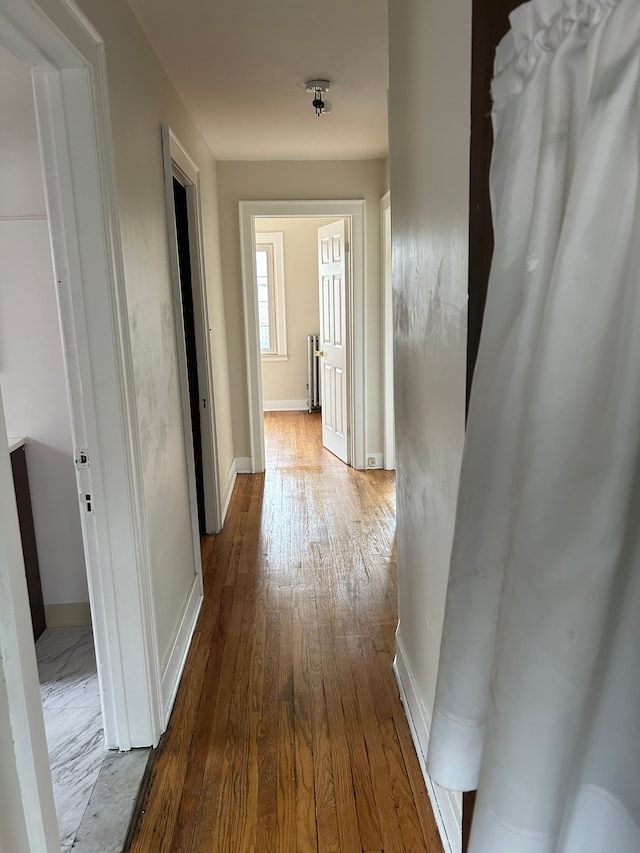 hall featuring wood-type flooring and radiator heating unit