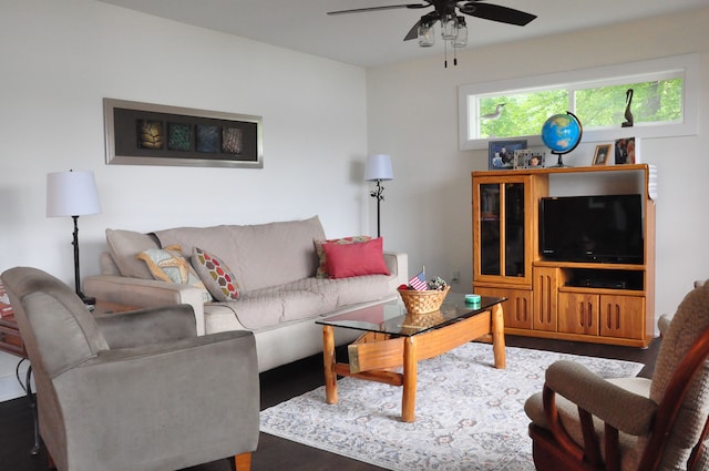 living room featuring ceiling fan