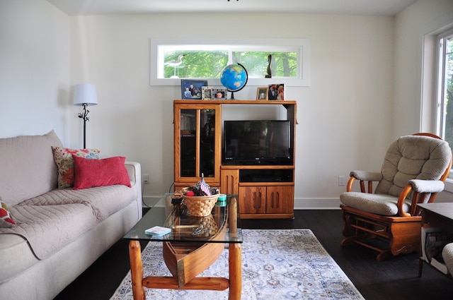 living room featuring plenty of natural light and dark wood-type flooring