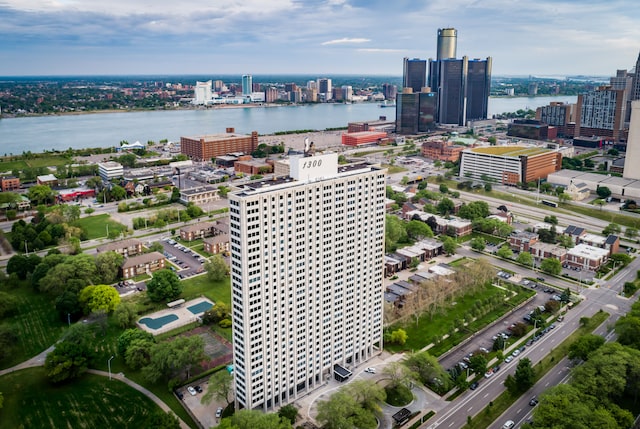 bird's eye view with a water view