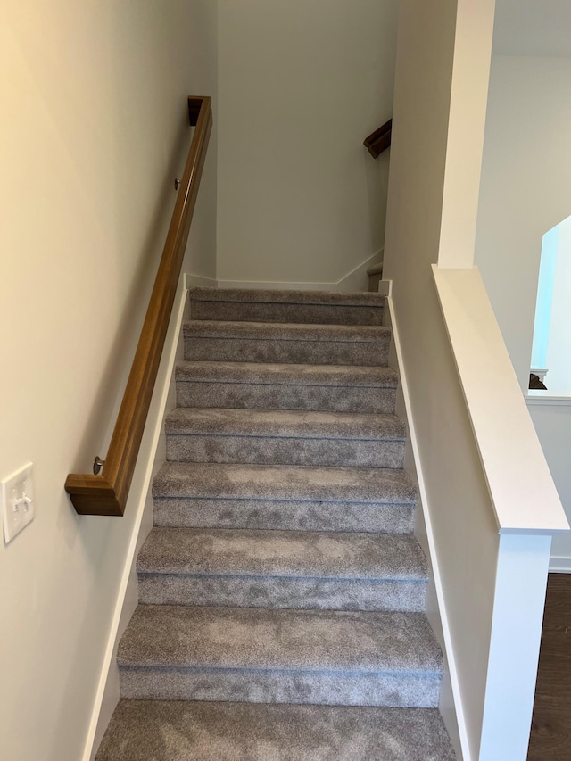 stairs featuring carpet flooring