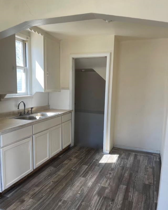 kitchen featuring white cabinets, dark wood-type flooring, and sink