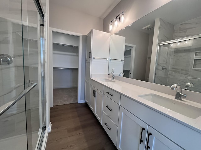 bathroom featuring a sink, a walk in closet, and a shower stall