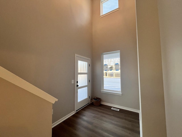 entryway with dark wood-type flooring, a high ceiling, plenty of natural light, and baseboards