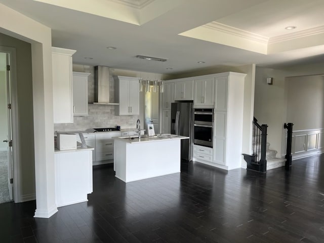 kitchen with white cabinetry, wall chimney range hood, a raised ceiling, an island with sink, and appliances with stainless steel finishes