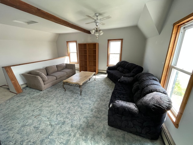 living room featuring carpet flooring, ceiling fan, lofted ceiling, and baseboard heating