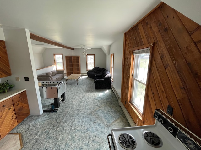 living room featuring light carpet, ceiling fan, and lofted ceiling