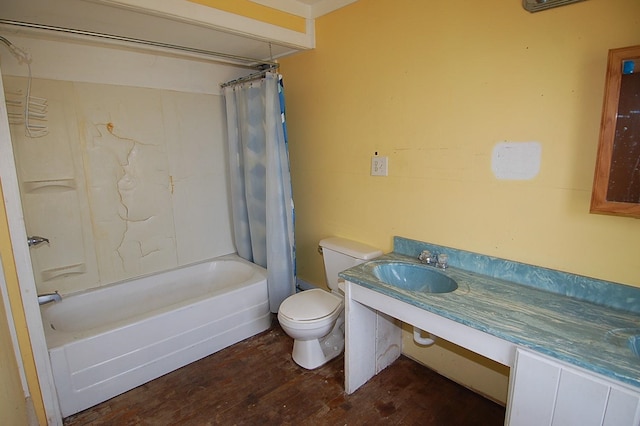 full bathroom with toilet, sink, shower / bathtub combination with curtain, and hardwood / wood-style flooring