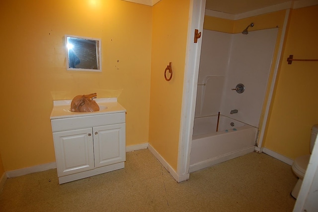 full bathroom featuring shower / washtub combination, vanity, and toilet