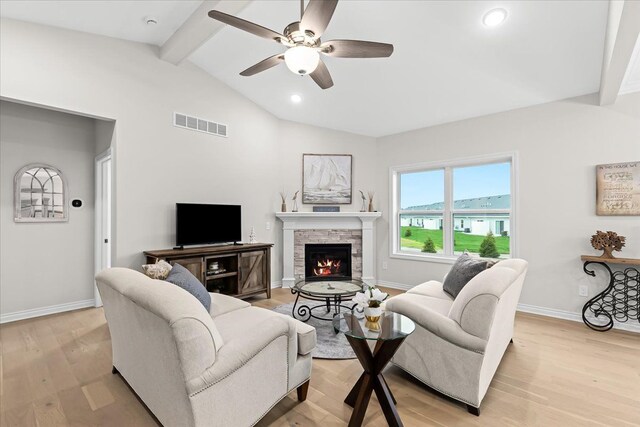 362 Jubilee Dr, Whitmore Lake, MI 48189 - living room featuring a ceiling fan, baseboards, a stone fireplace, light wood finished floors, and recessed lighting