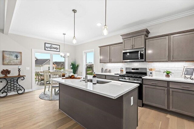 362 Jubilee Dr, Whitmore Lake, MI 48189 - kitchen featuring stainless steel appliances, a sink, light wood-style flooring, backsplash, and crown molding