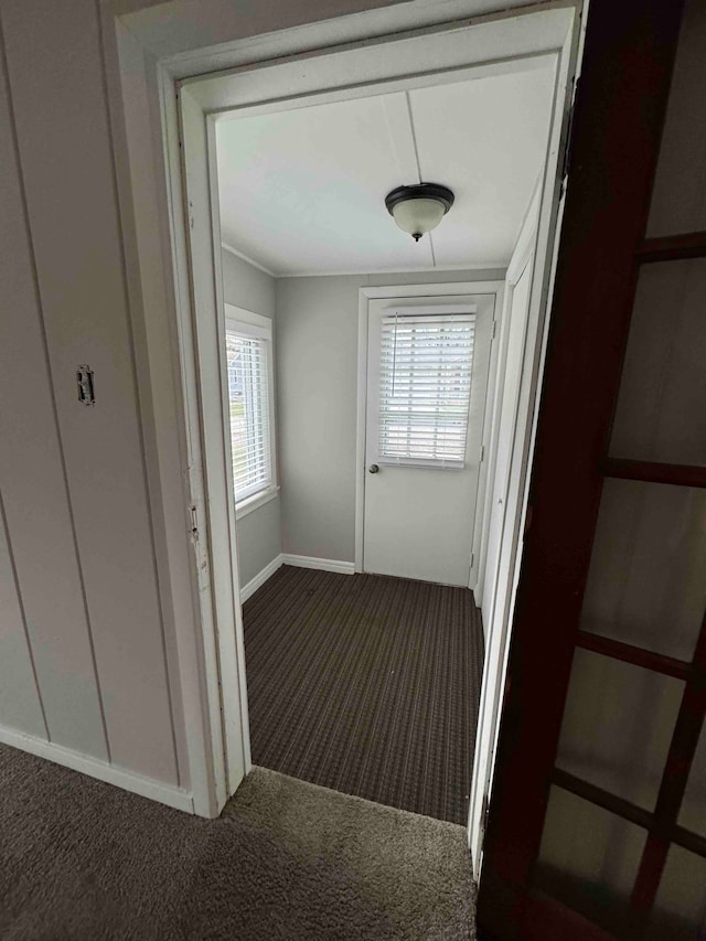 hallway featuring ornamental molding and dark colored carpet