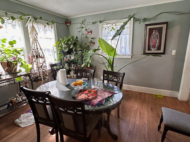 dining space featuring wood-type flooring, a textured ceiling, and crown molding